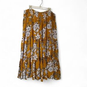 Premise Women's XL Floral Mustard Boho Tiered Full Midi Smocked Waist Skirt